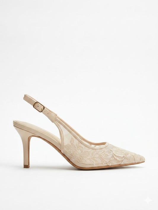 Escarpins slingback en dentelle florale brodée bout pointu et talon fin
