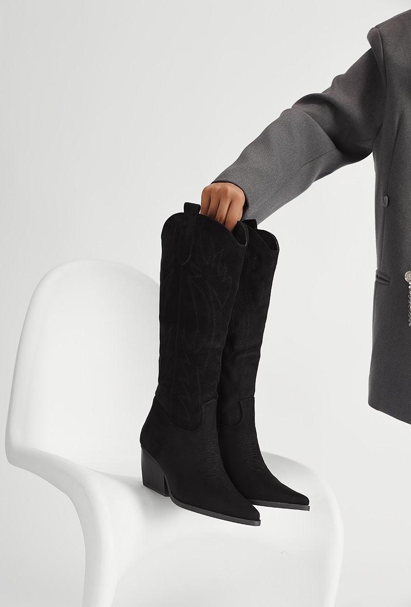Bottes western en suédine brodées à talon carré
