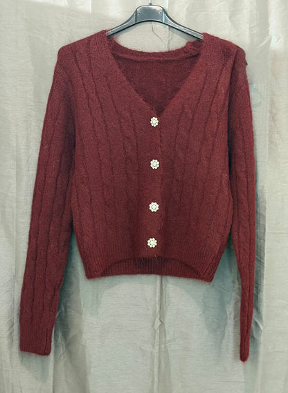 Cardigan en maille duveteuse à boutons fleuris