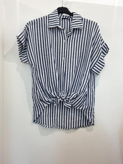 Chemise Oversize et Rayures Verticales à Manches Courtes en Lin