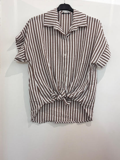 Chemise Oversize et Rayures Verticales à Manches Courtes en Lin