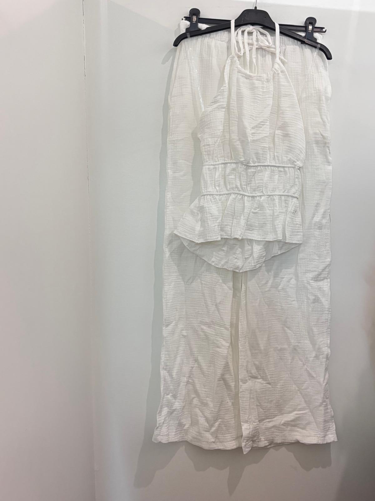 Ensemble Deux Pièces Gaze de Coton Halter à Volants et Pantalon Large