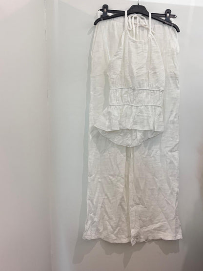 Ensemble Deux Pièces Gaze de Coton Halter à Volants et Pantalon Large