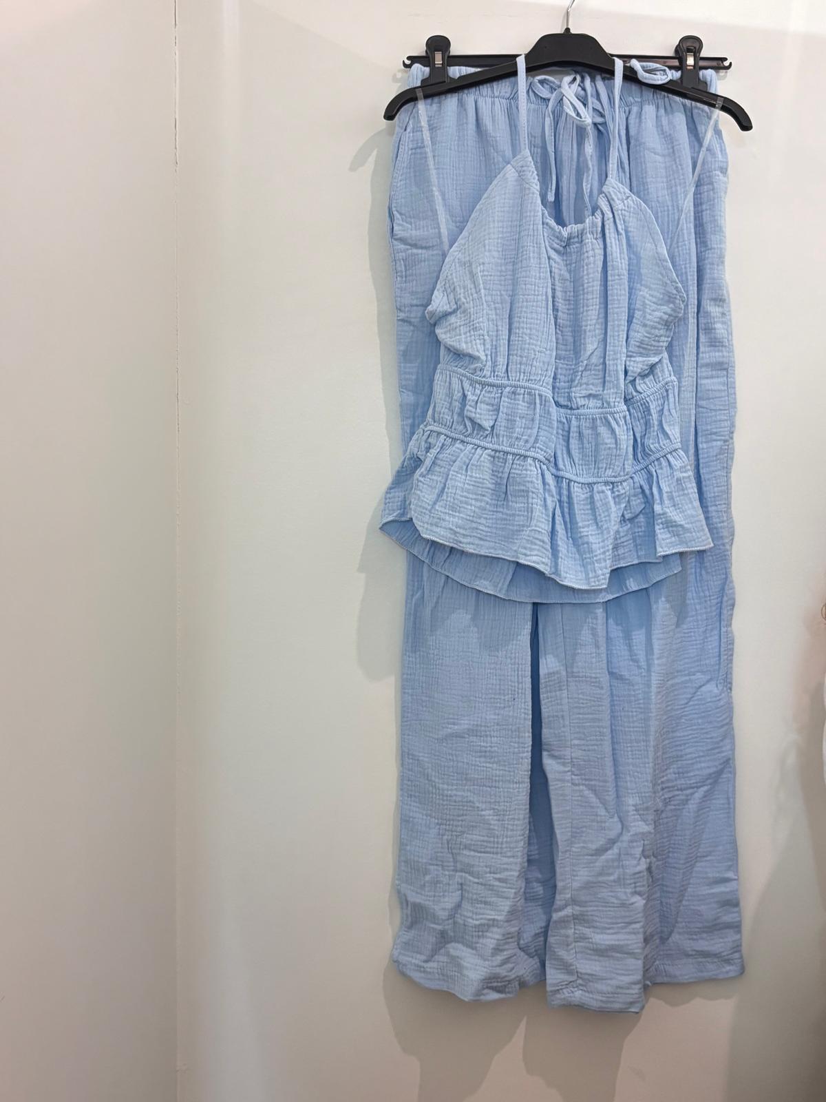 Ensemble Deux Pièces Gaze de Coton Halter à Volants et Pantalon Large