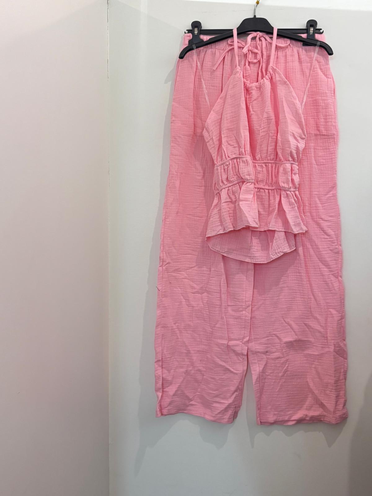 Ensemble Deux Pièces Gaze de Coton Halter à Volants et Pantalon Large