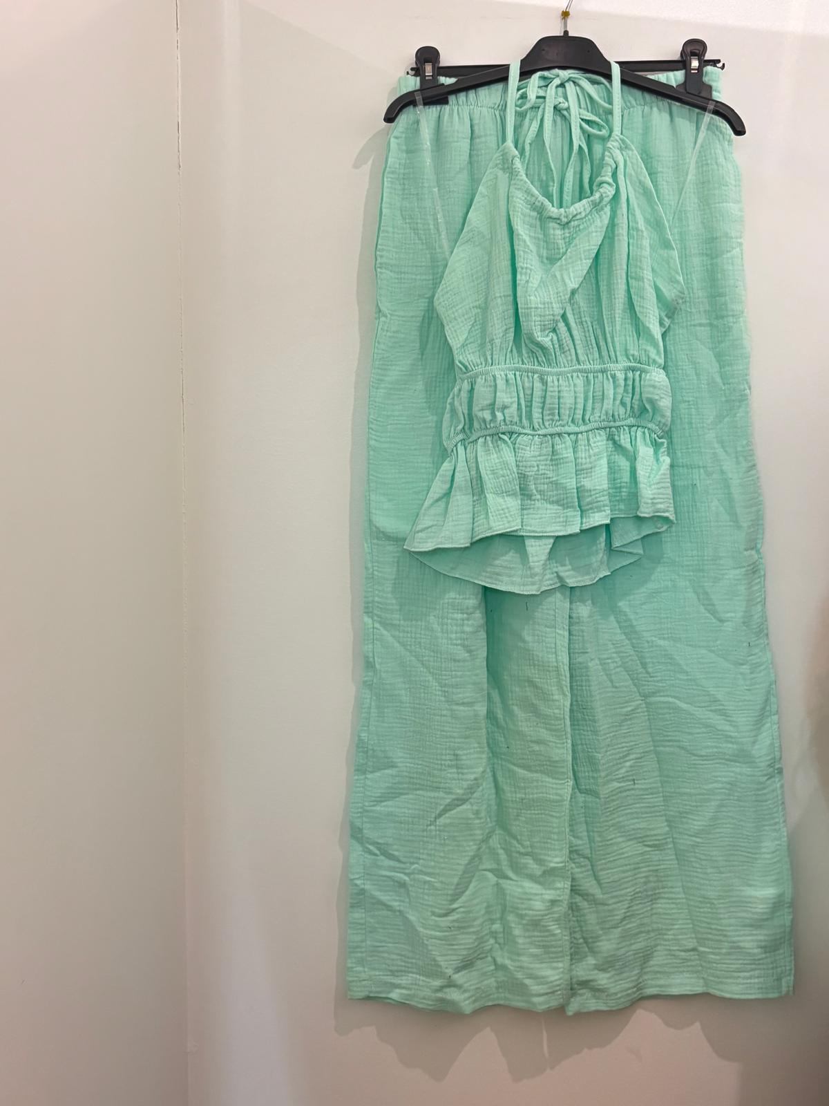 Ensemble Deux Pièces Gaze de Coton Halter à Volants et Pantalon Large