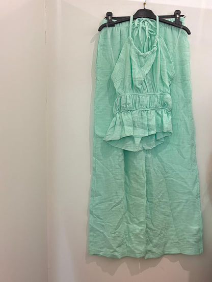 Ensemble Deux Pièces Gaze de Coton Halter à Volants et Pantalon Large