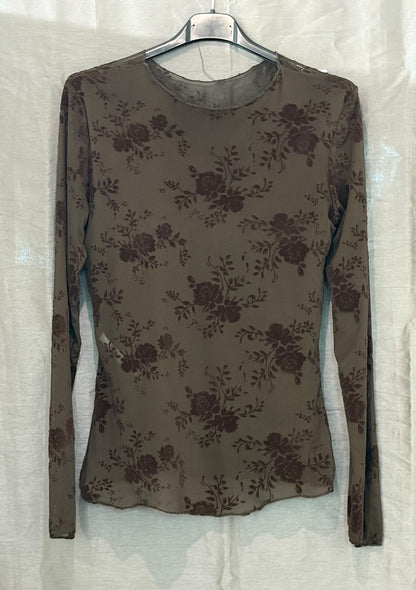Haut fleuri en voile transparent manches longues
