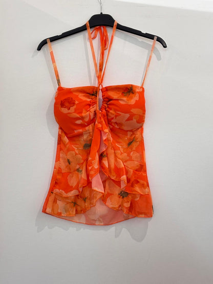 Top Bustier Fleuri à Volants et Lien Halter Anneau