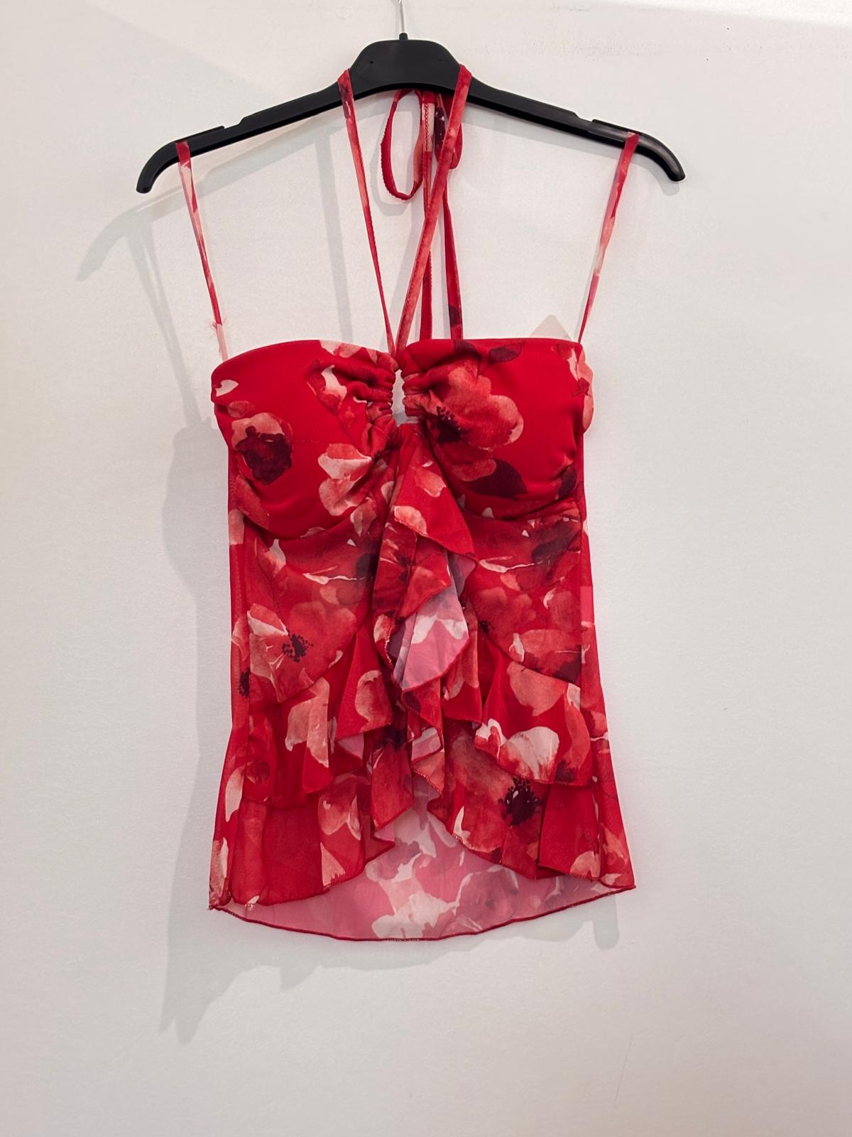 Top Bustier Fleuri à Volants et Lien Halter Anneau