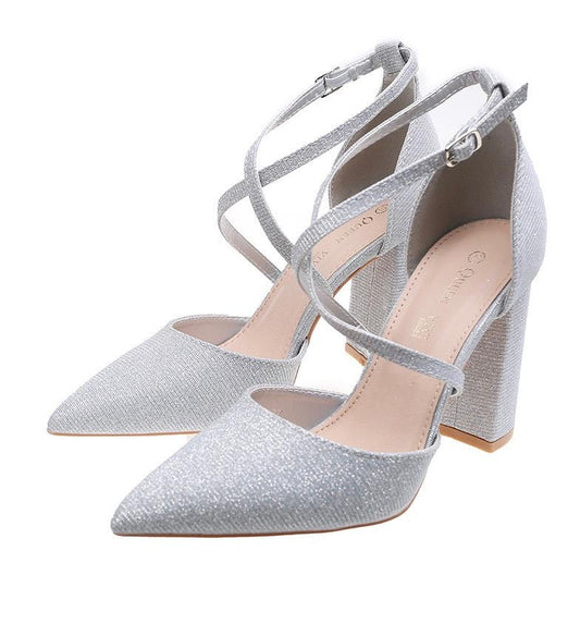 Escarpins argenté à brides croisées et talons blocs pailletée