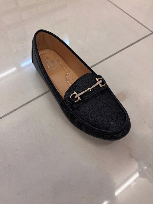 Mocassin plat noir, mors chaîne strassée
