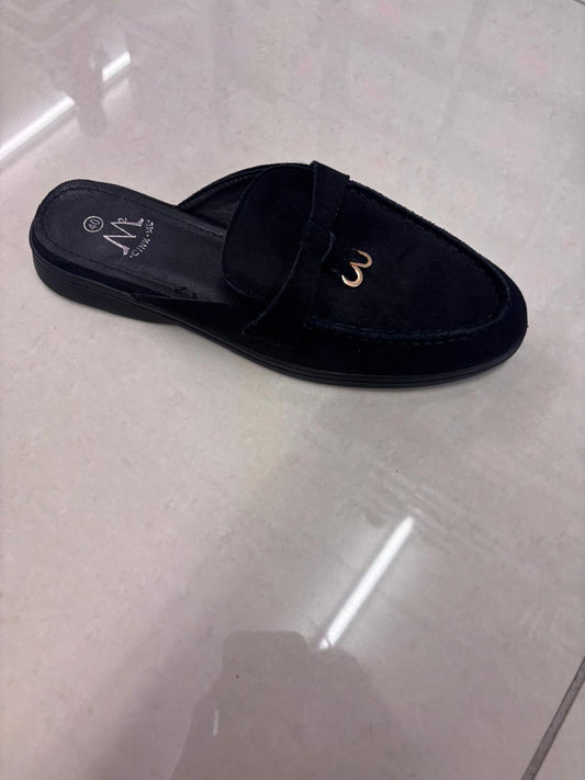 Mule mocassin plate en velours, bijou doré