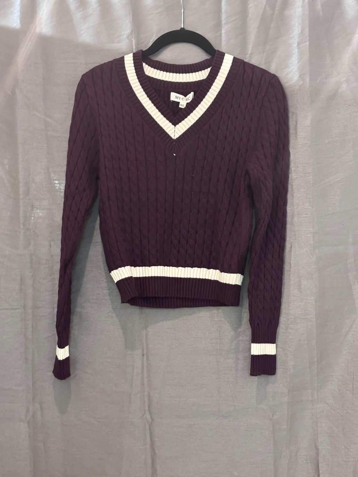 Pull col V style cricket à rayures écrues