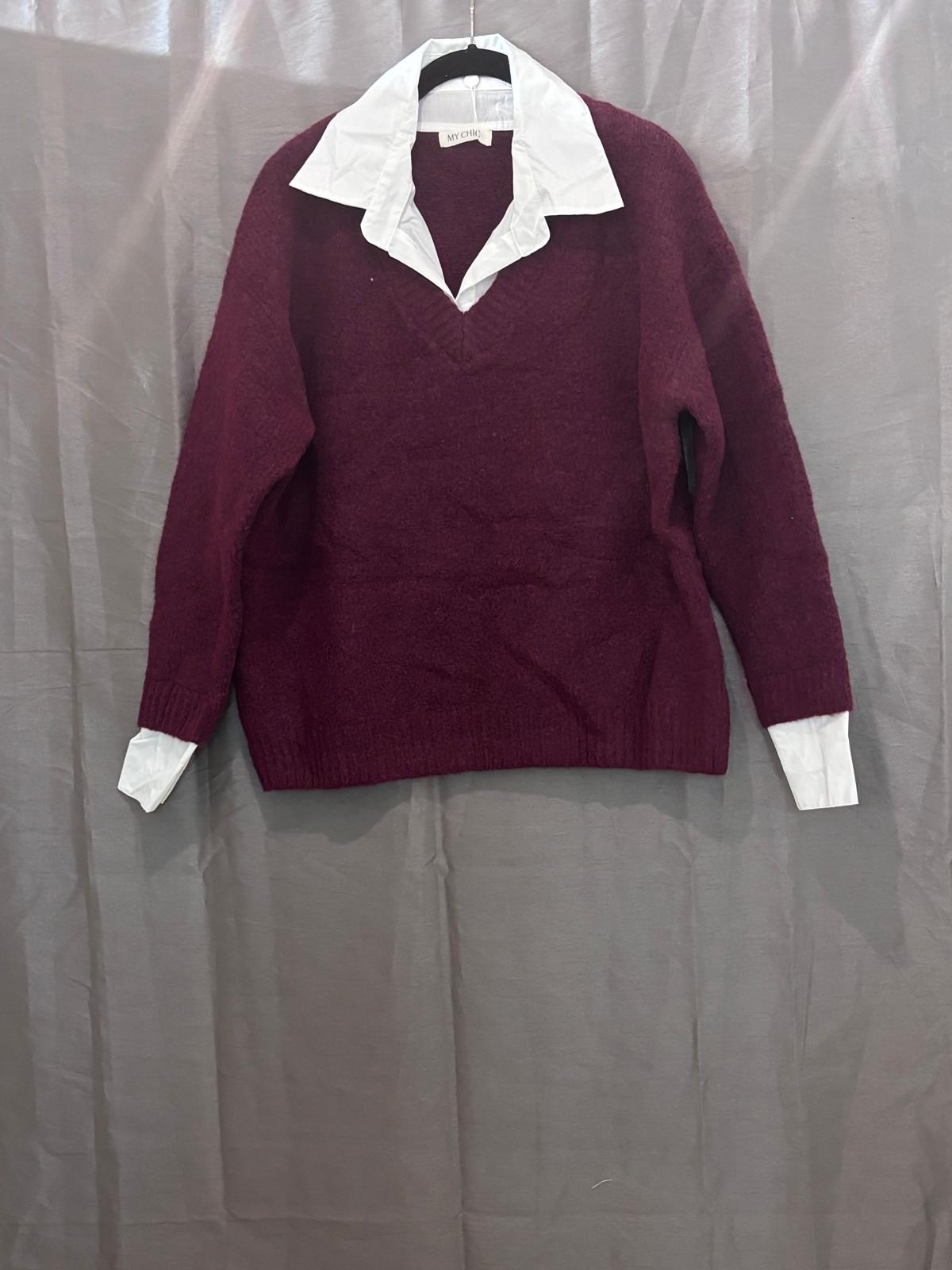Pull en maille avec col V avec chemise blanche intégrée