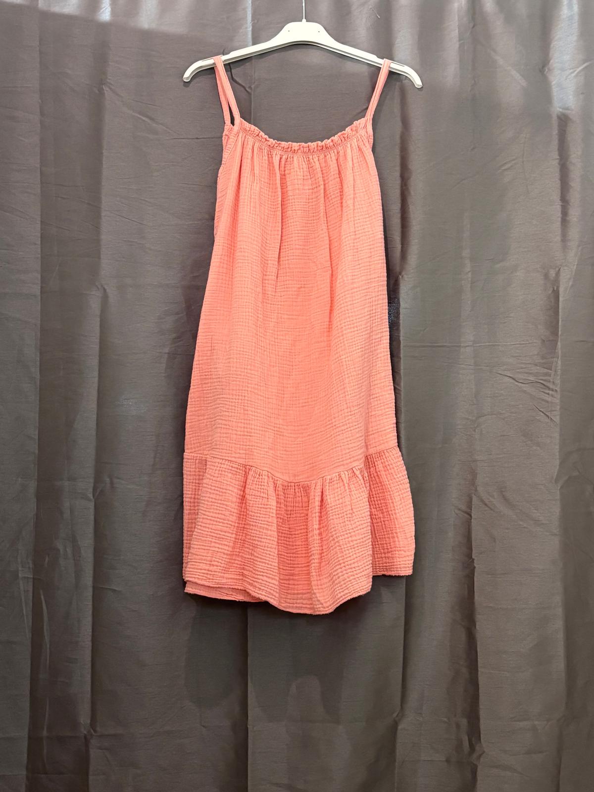 Robe courte en gaze de coton, bretelles fines et volant bas