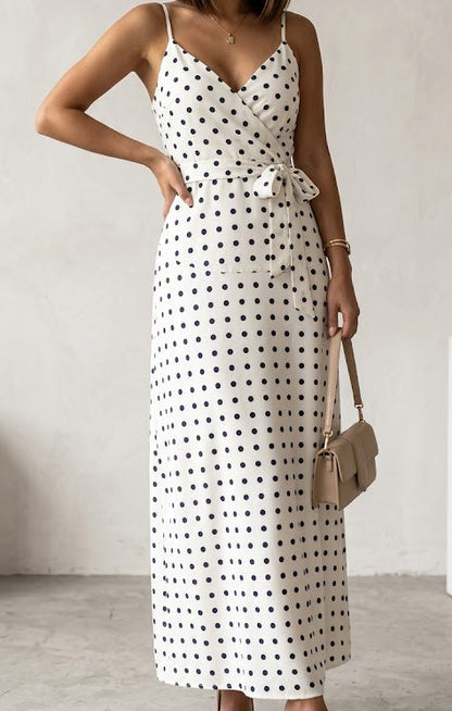 Robe longue cache-cœur à pois avec ruban