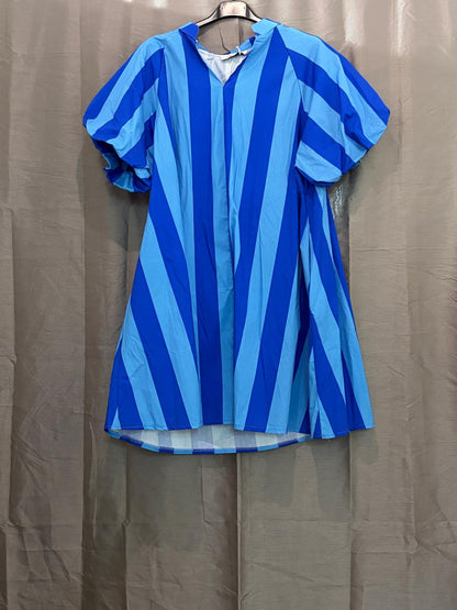 Robe mi-longue à rayures, col V et manches bouffantes