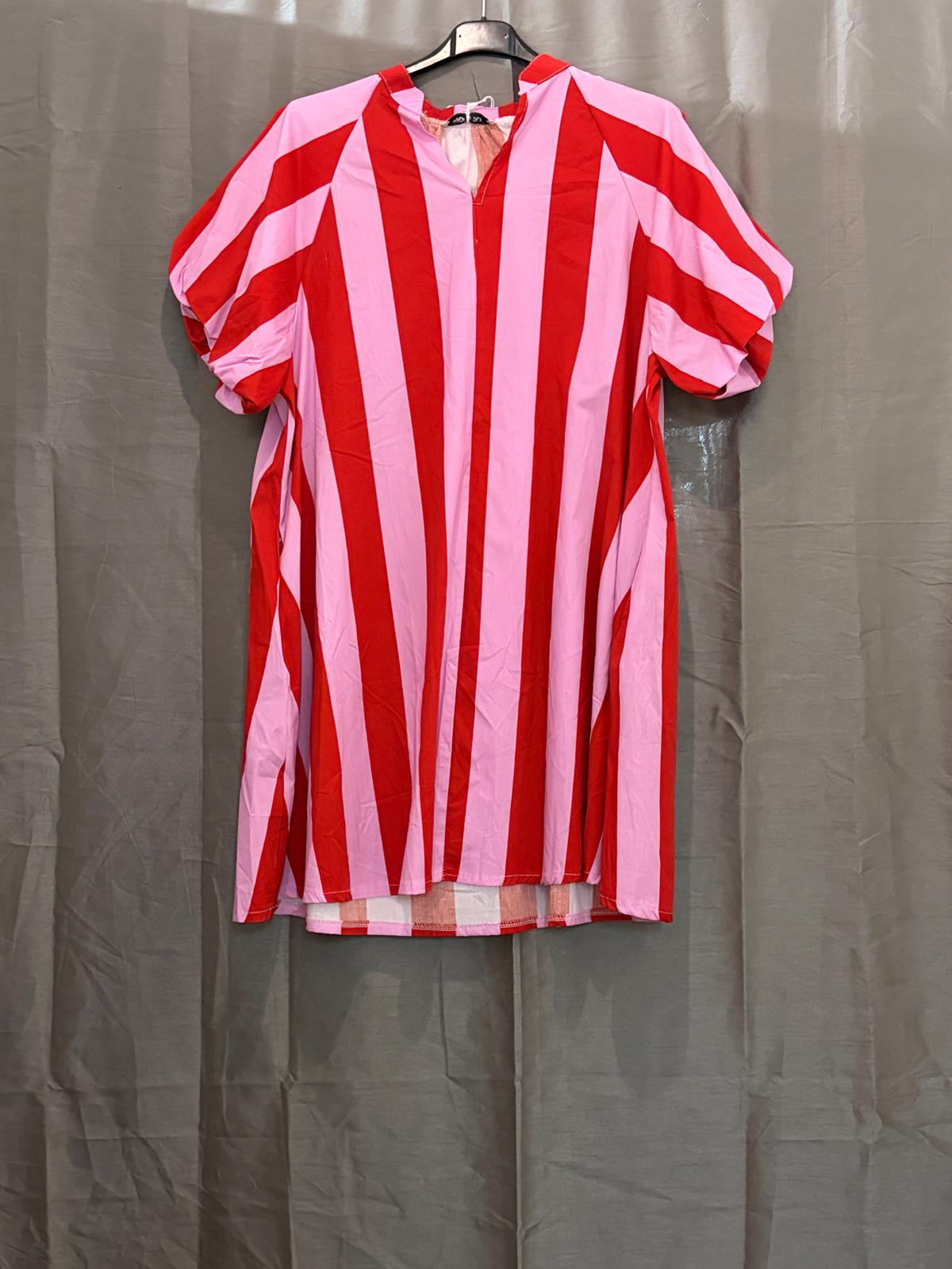 Robe mi-longue à rayures, col V et manches bouffantes