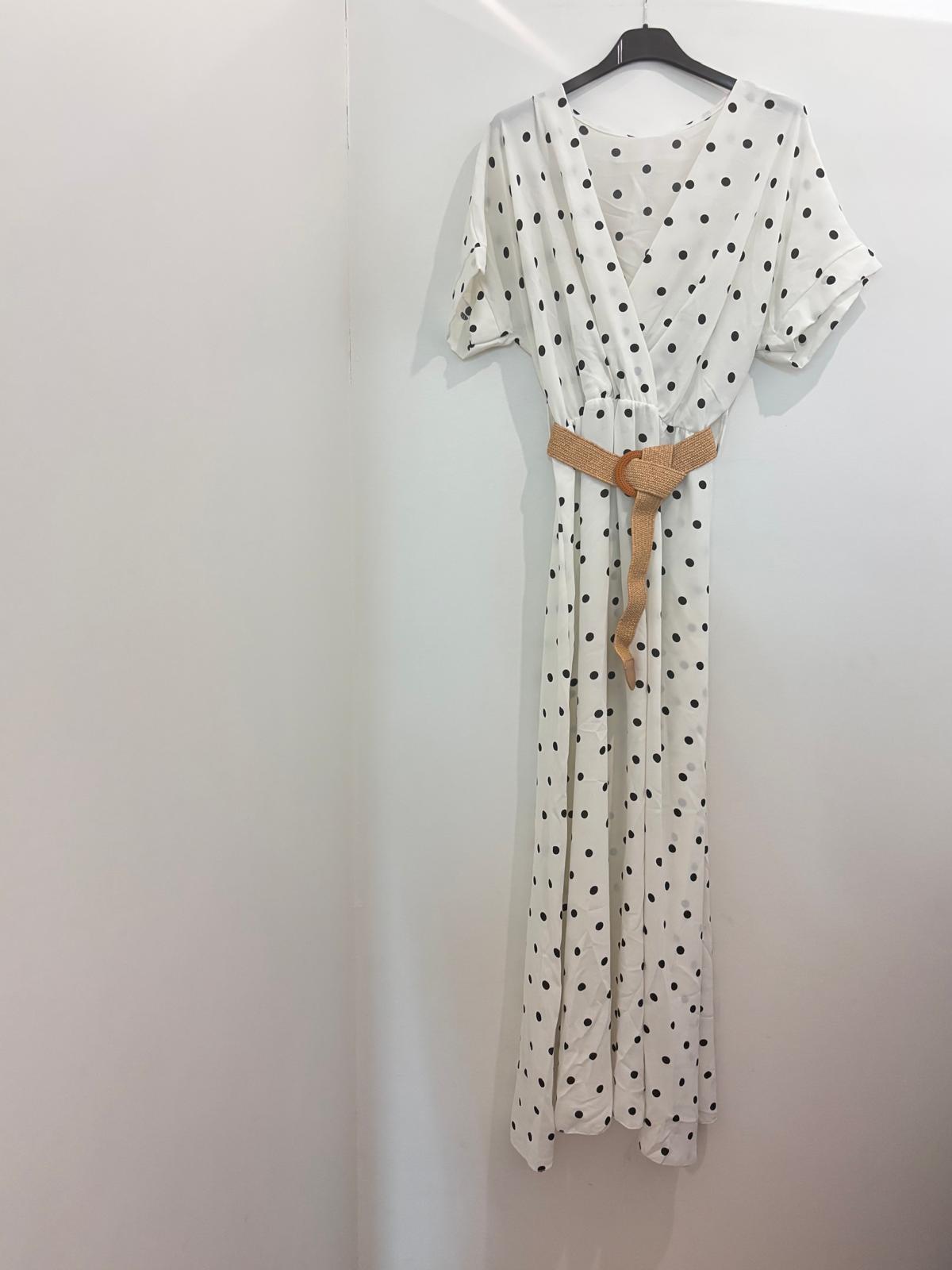 Robe Longue à Pois Col V Croisé Manches Chauve-Souris avec Ceinture Raphia