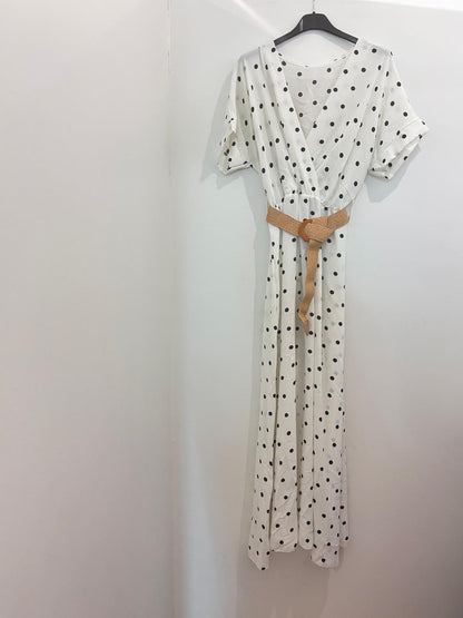 Robe Longue à Pois Col V Croisé Manches Chauve-Souris avec Ceinture Raphia