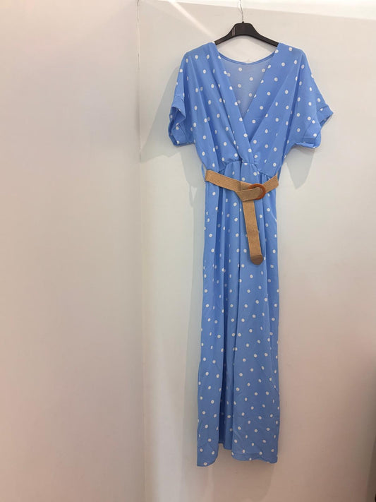 Robe Longue à Pois Col V Croisé Manches Chauve-Souris avec Ceinture Raphia