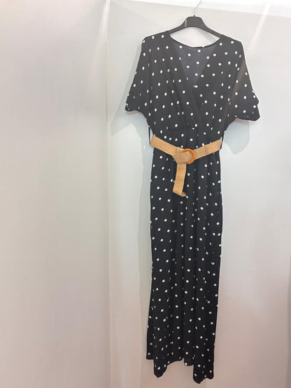 Robe Longue à Pois Col V Croisé Manches Chauve-Souris avec Ceinture Raphia