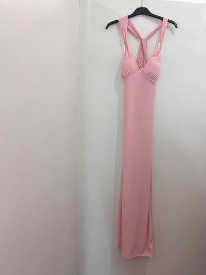 Robe Longue à Bretelles Croisées et Détails Dorés