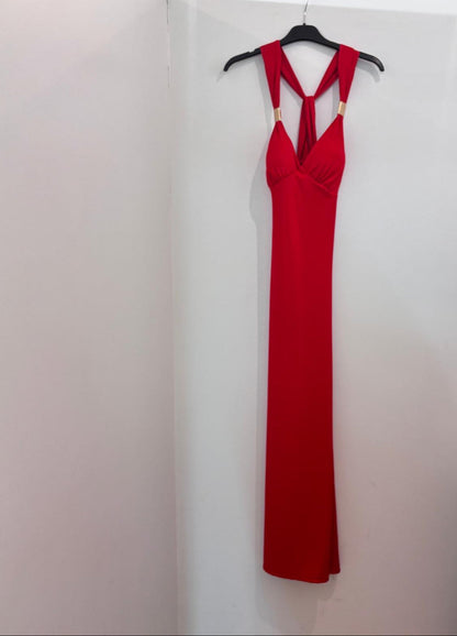 Robe Longue à Bretelles Croisées et Détails Dorés