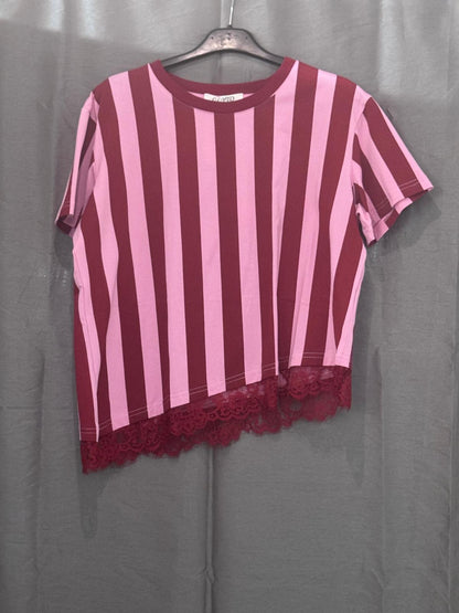 T-shirt à rayures, ourlet en dentelle
