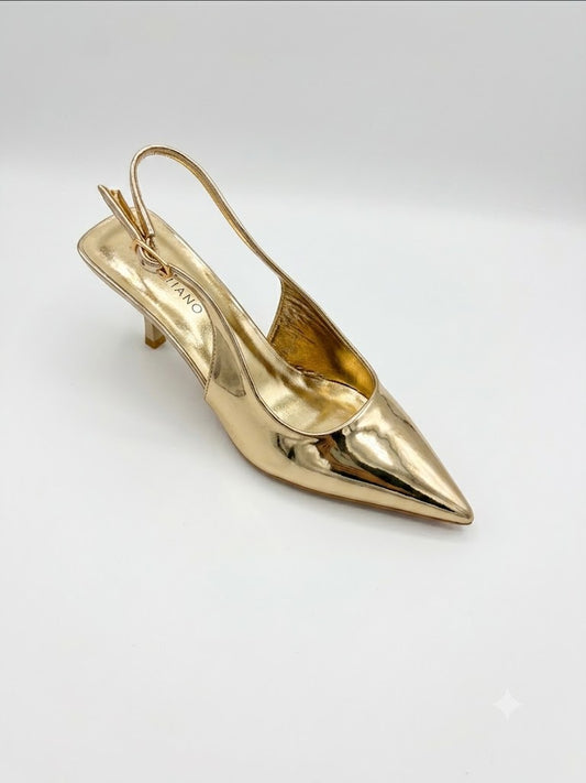 Escarpin Slingback Doré Métallisé à Bout Pointu et Kitten Heel