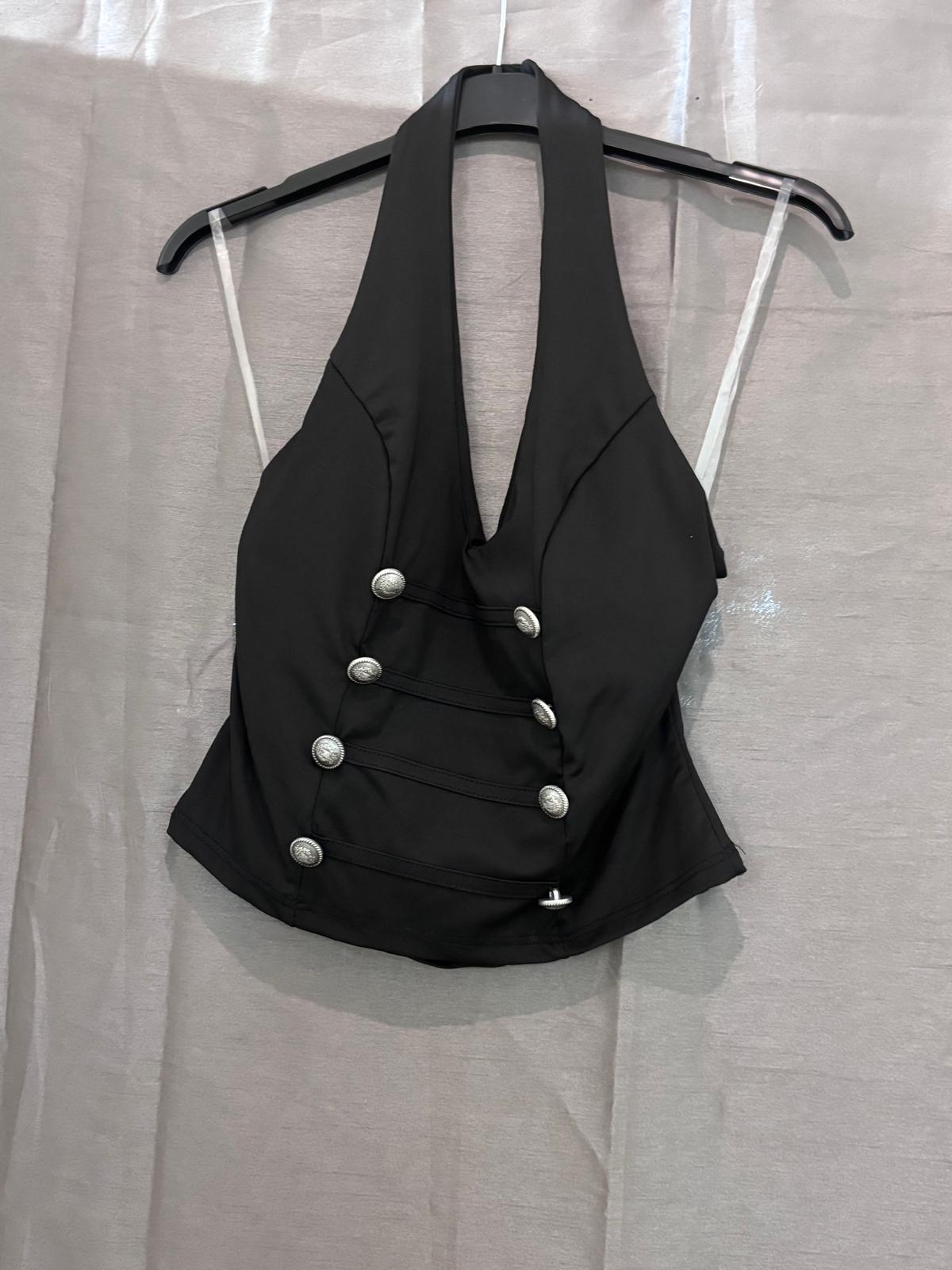 Top décolleté plongeant, boutons argentés