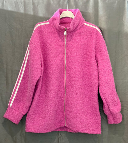 Blouson zippé bouclette à bandes blanches