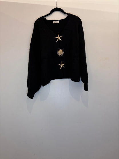 Cardigan à boutons étoile et soleil dorés