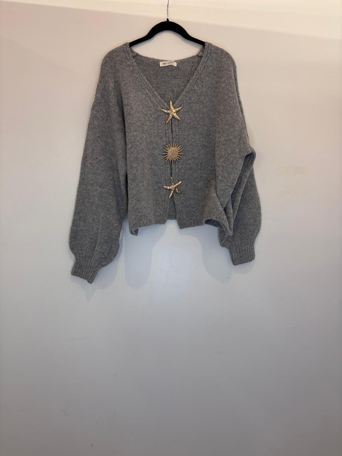 Cardigan à boutons étoile et soleil dorés