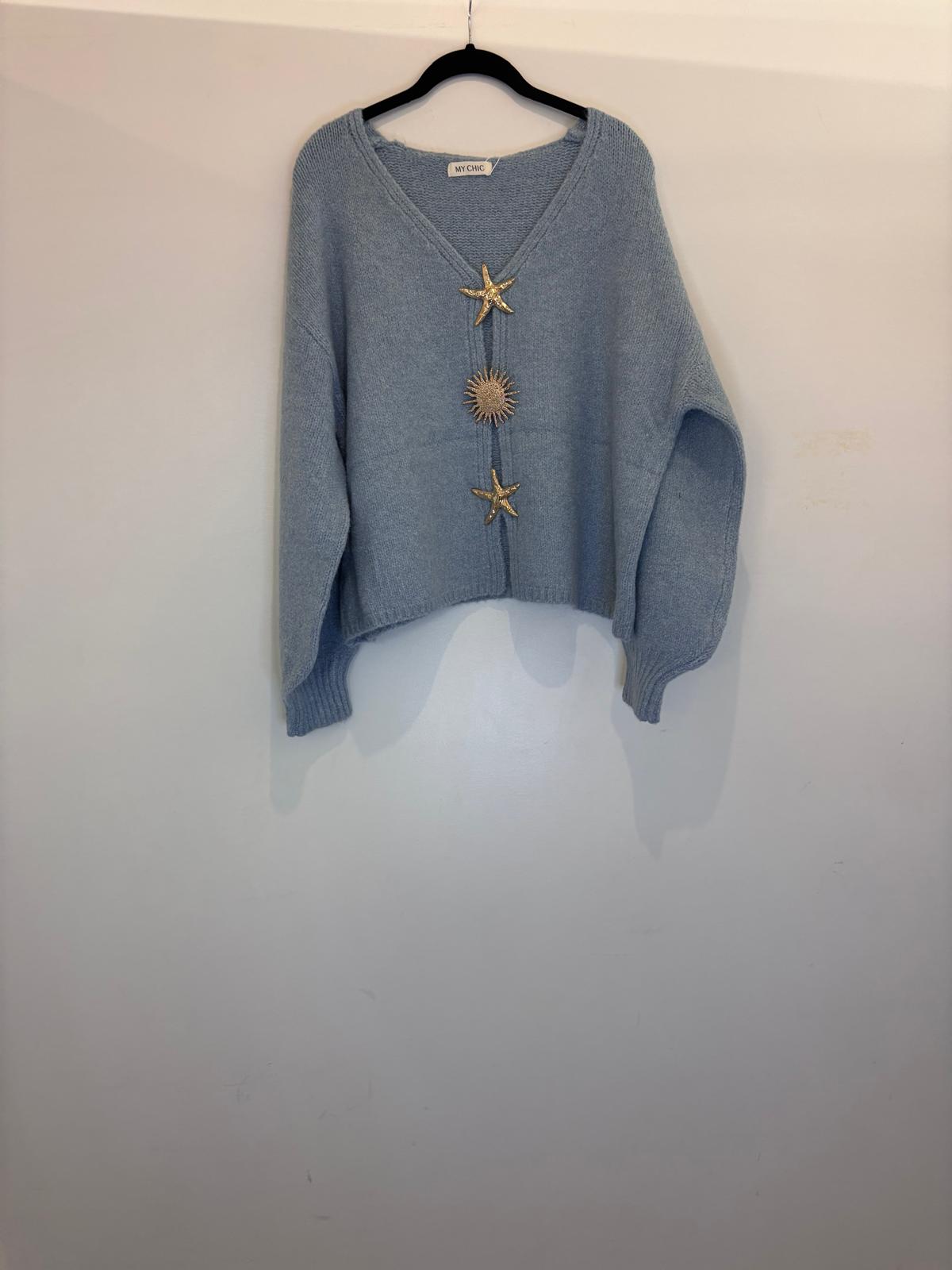 Cardigan à boutons étoile et soleil dorés