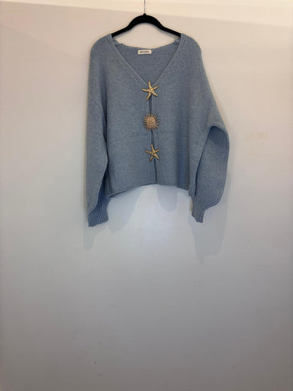 Cardigan à boutons étoile et soleil dorés