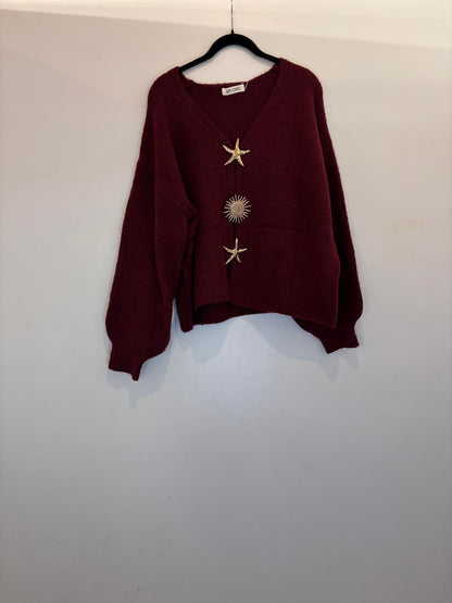 Cardigan à boutons étoile et soleil dorés