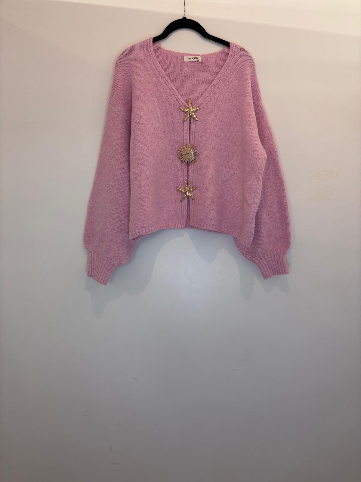 Cardigan à boutons étoile et soleil dorés