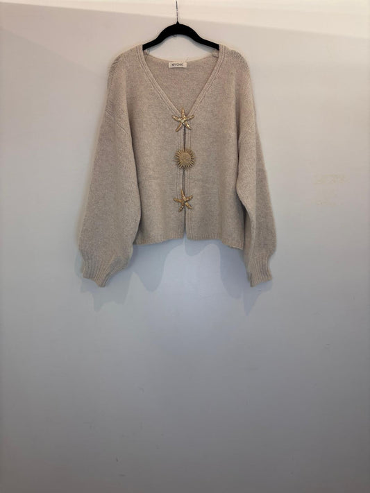 Cardigan à boutons étoile et soleil dorés
