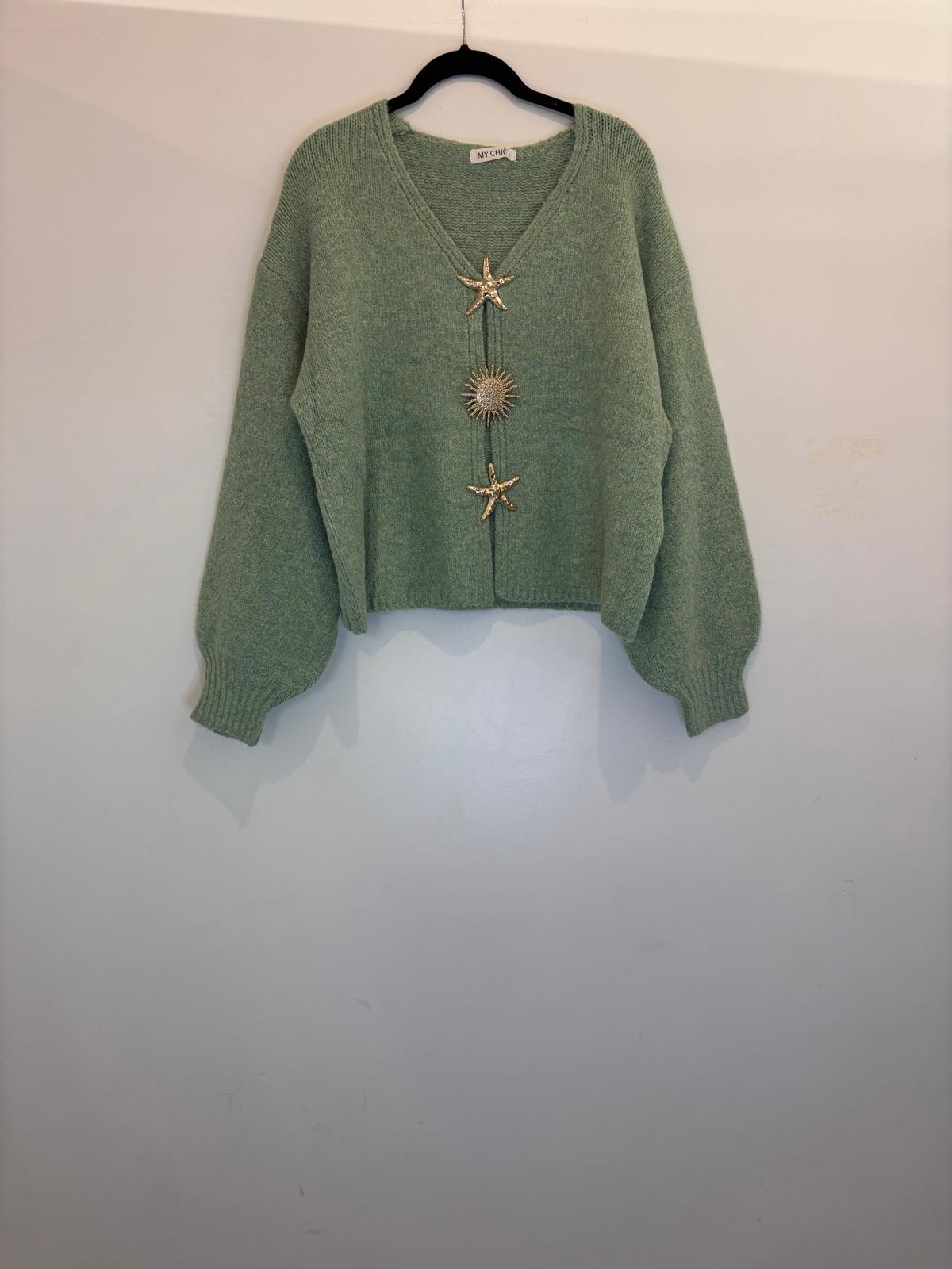 Cardigan à boutons étoile et soleil dorés