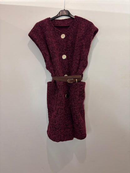 Gilet long texturé avec ceinture marron