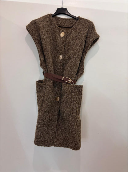 Gilet long texturé avec ceinture marron