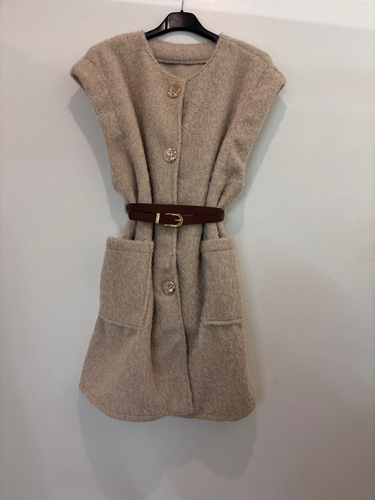Gilet long texturé avec ceinture marron