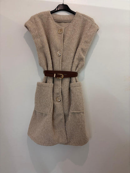 Gilet long texturé avec ceinture marron