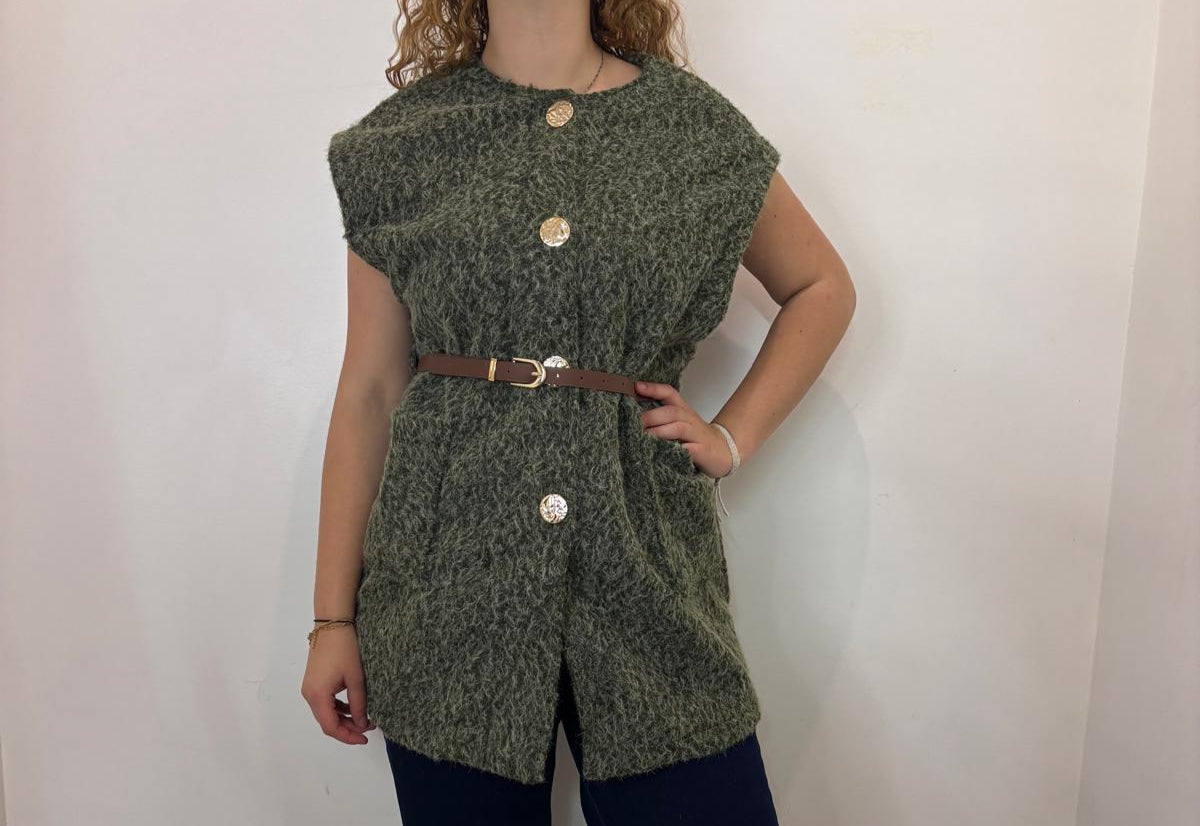 Gilet long texturé avec ceinture marron