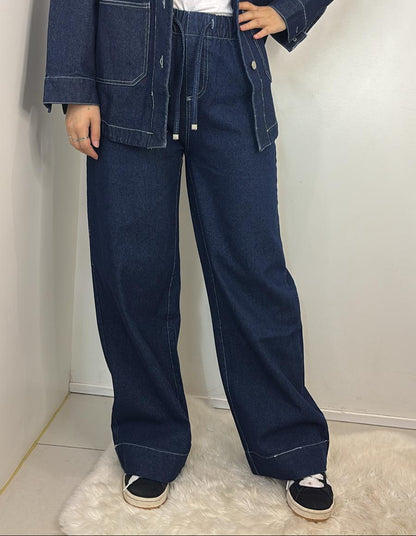 Pantalon large en jean brut à taille haute et lien à nouer