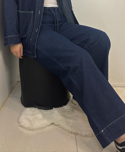 Pantalon large en jean brut à taille haute et lien à nouer