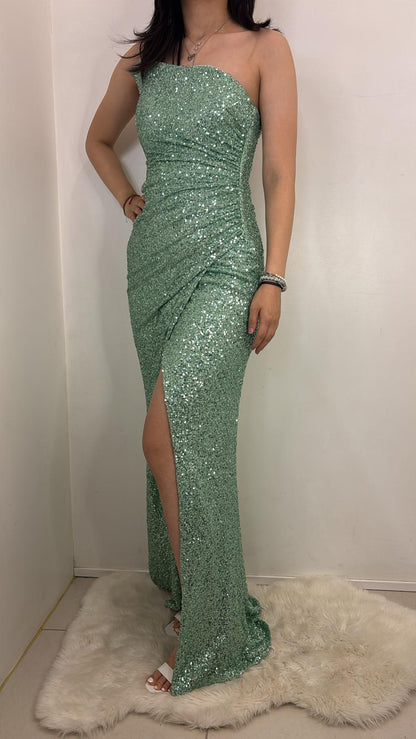 Robe longue à sequins fendue dos lacé