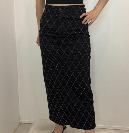 Jupe midi noire à carreaux dorés effet scintillant